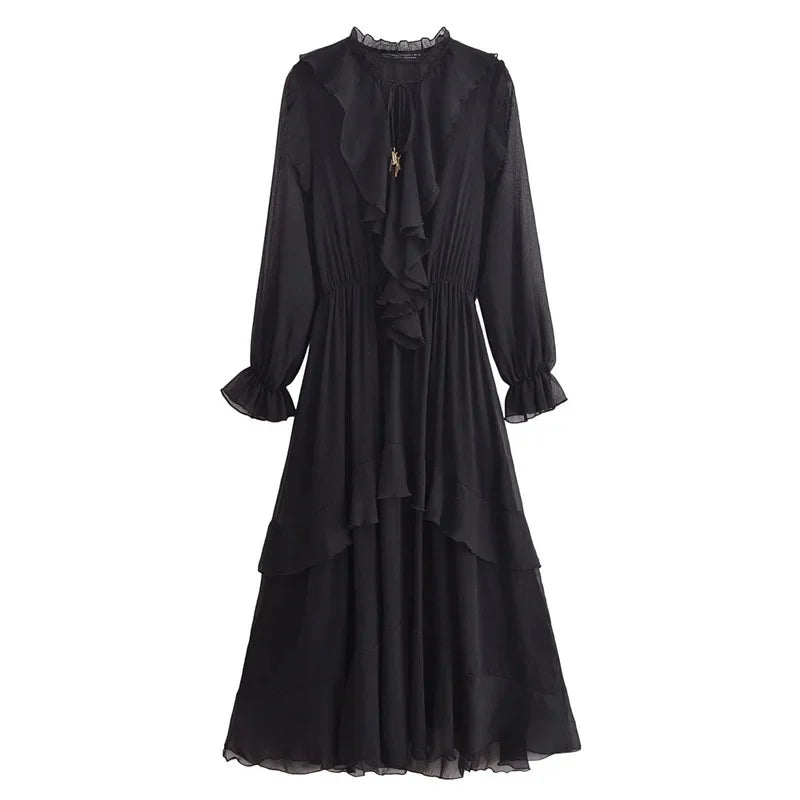 Vestido Elegante com Decote V – Babados, Manga Longa Lanterna e Detalhe em Renda com Laço