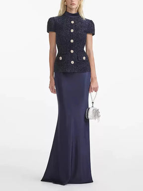 Vestido Longo – Maxi Luxo, Cristal e Cetim Tweed, Azul