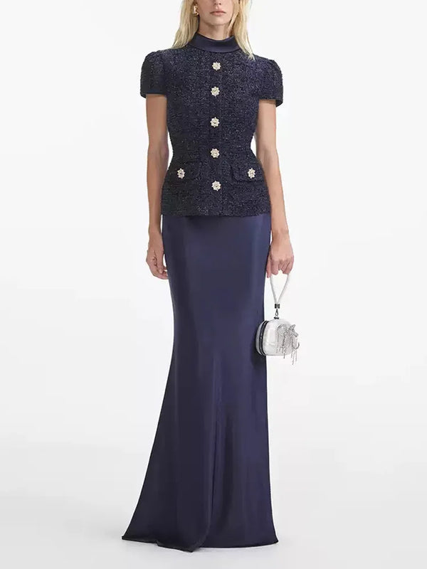 Vestido Longo – Maxi Luxo, Cristal e Cetim Tweed, Azul