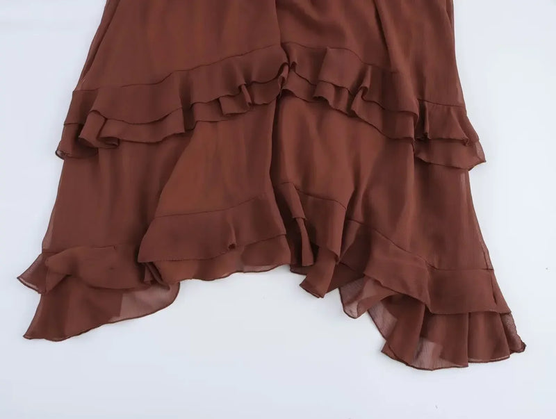 Vestido Elegante com Babados – Manga Longa, Alças Ajustáveis e Bainha Irregular