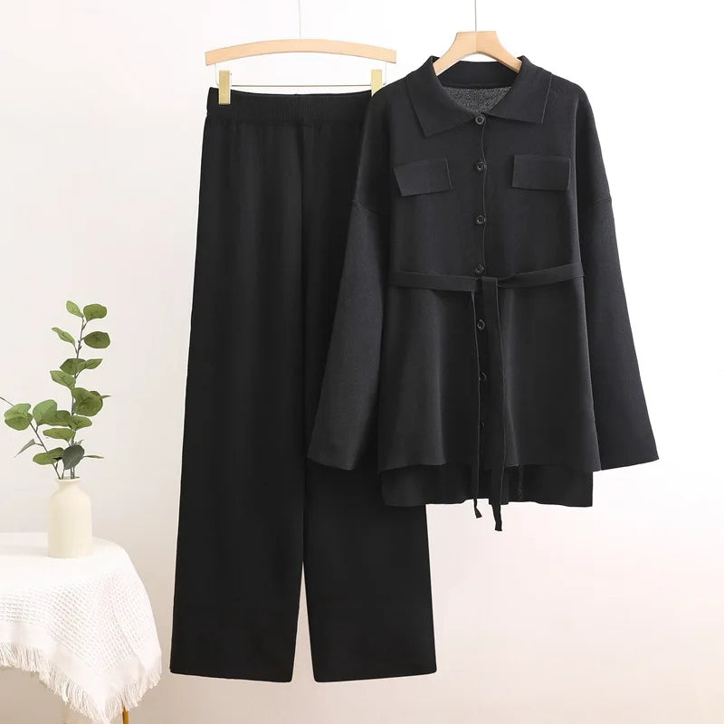 Conjunto 2 Peças Feminino – Cardigan de Tricô e Calça de Cintura Alta