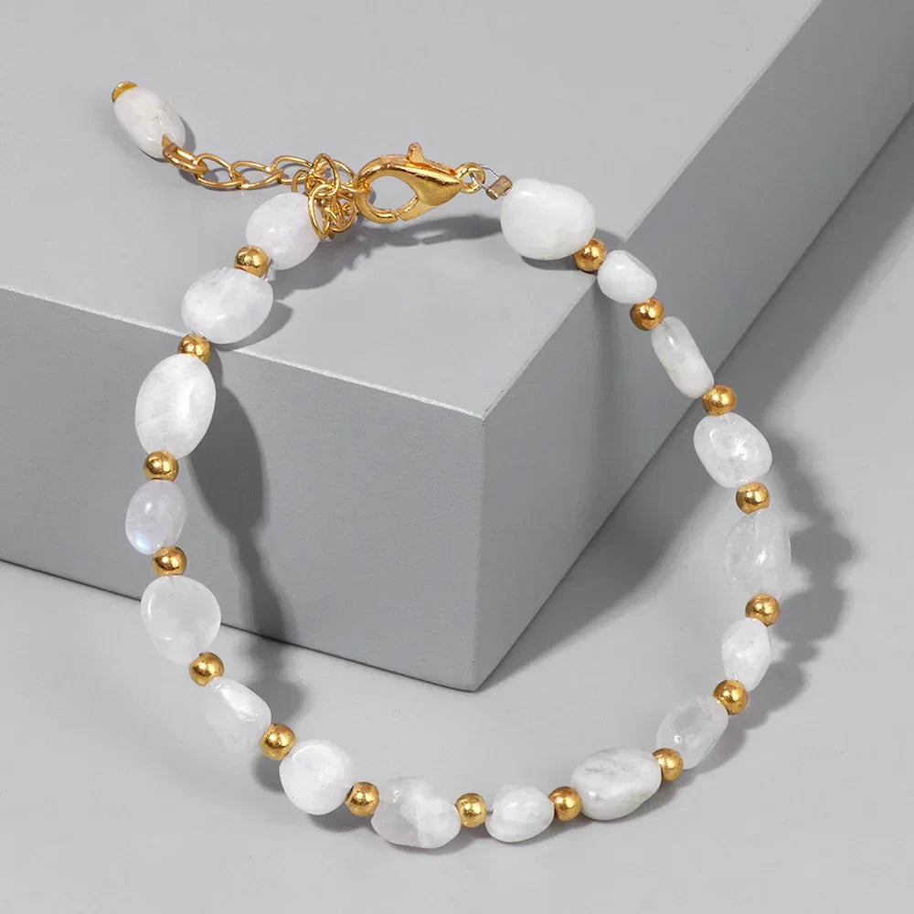 Pulseiras Pedras Naturais (Quartzo Rosa, Ágata) com Corrente Dourada, Estilo Bangle