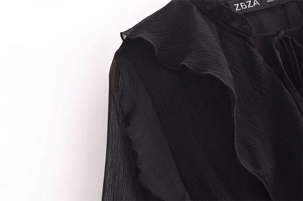 Vestido Elegante com Decote V – Babados, Manga Longa Lanterna e Detalhe em Renda com Laço