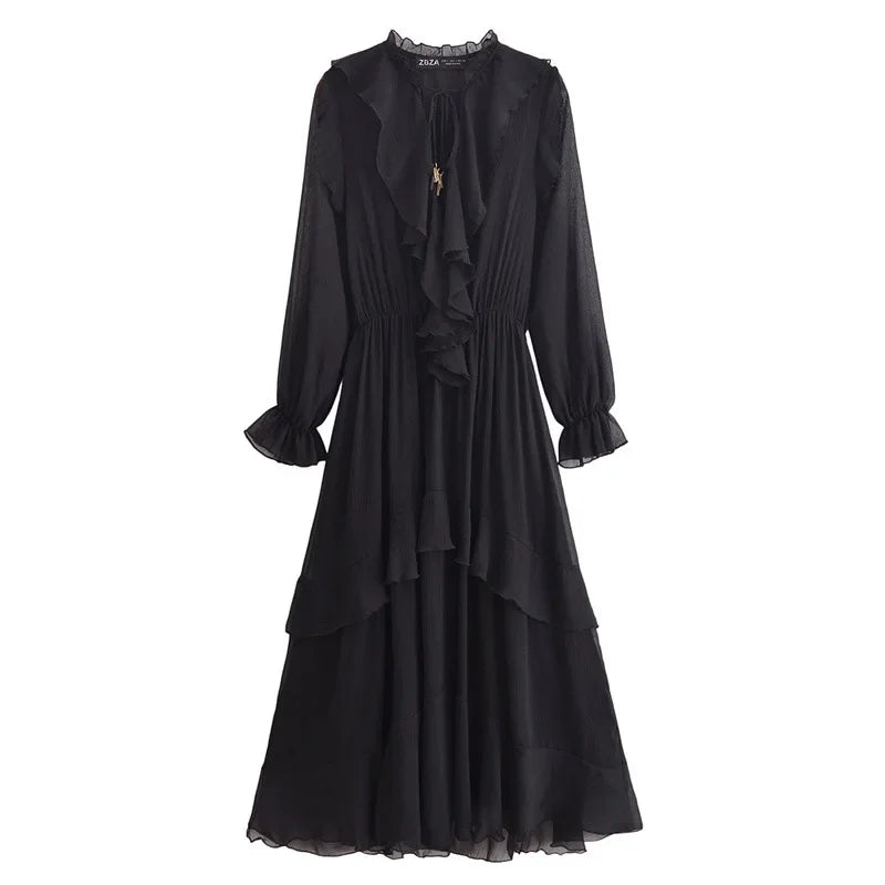 Vestido Elegante com Decote V – Babados, Manga Longa Lanterna e Detalhe em Renda com Laço