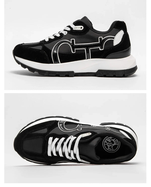 Tênis Feminino Casual  – Estilo Vintage, Color Block, Couro, Confortável e Moderno