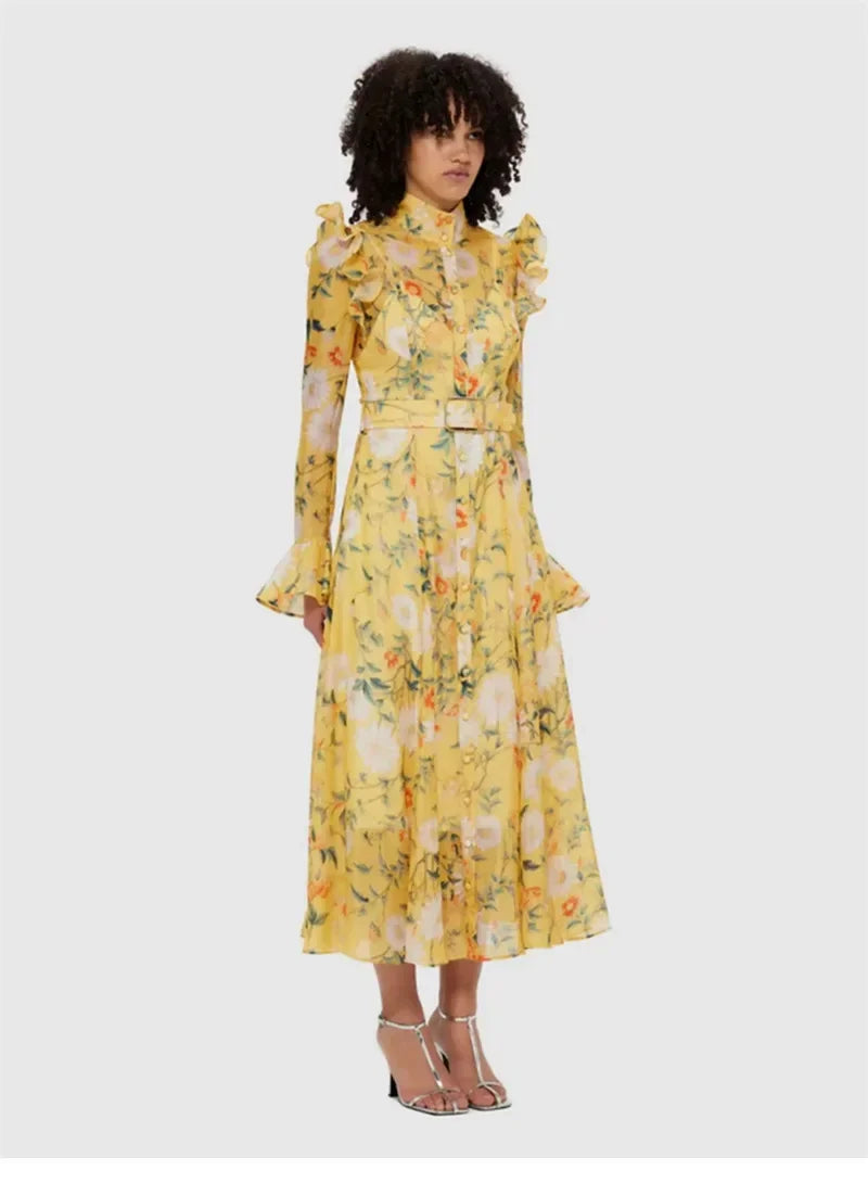 Vestido Longo Floral com Manga Flare – Elegância Atemporal