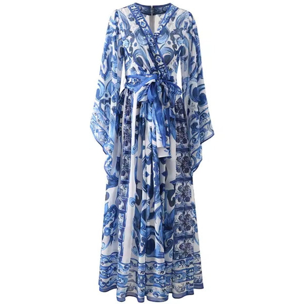 Vestido Longo Floral Estilo Porcelana – Elegância Atemporal